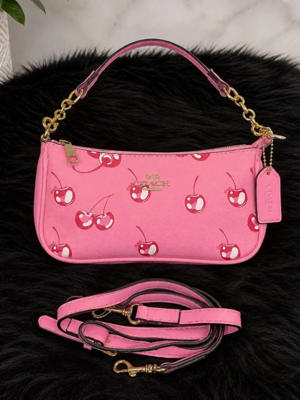 Pink Cherry Print Shoulder Bag